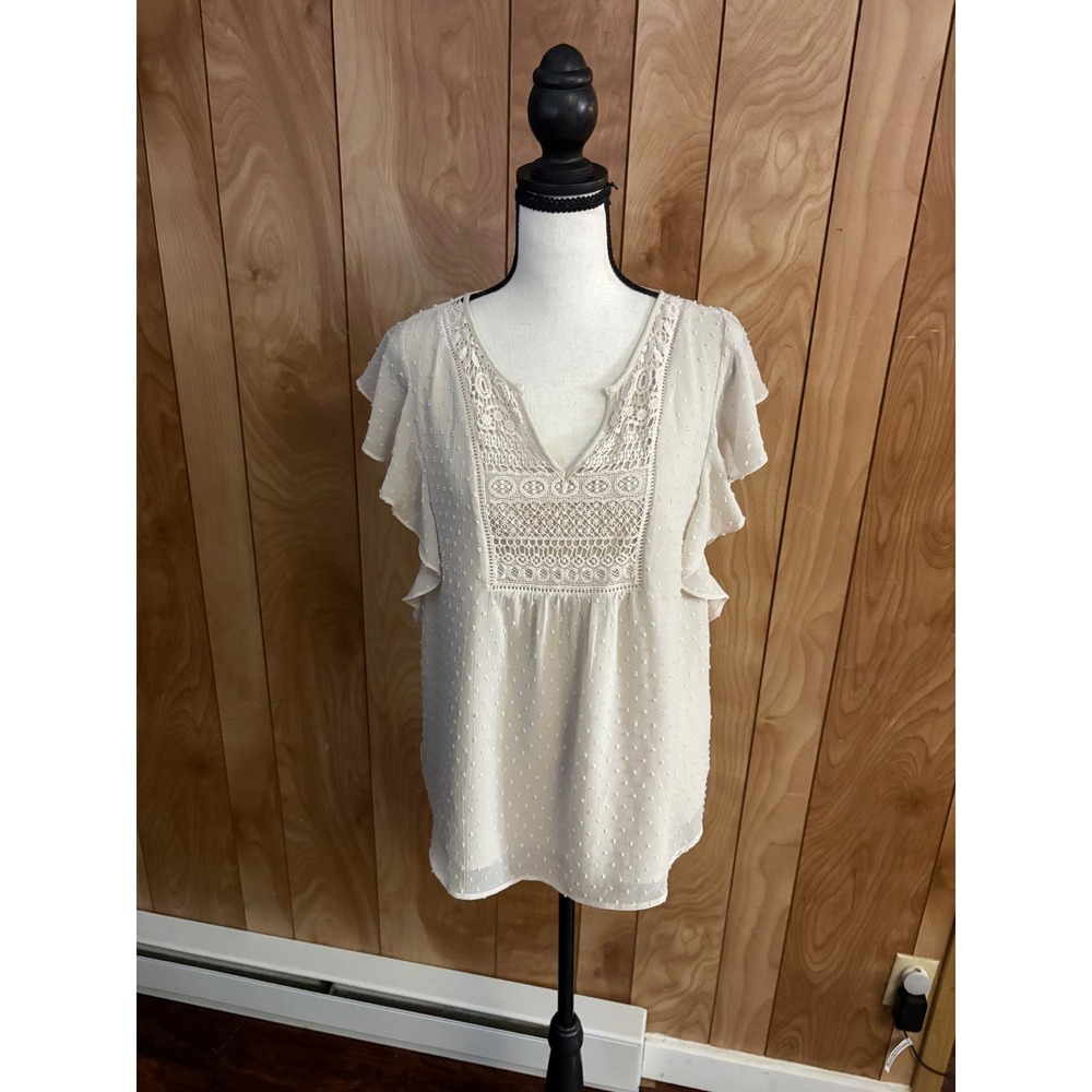 DR2 by Daniel Rainn Cream Swiss Dot Lace V-Neck Ruffle Flutter Sleeve Blouse S